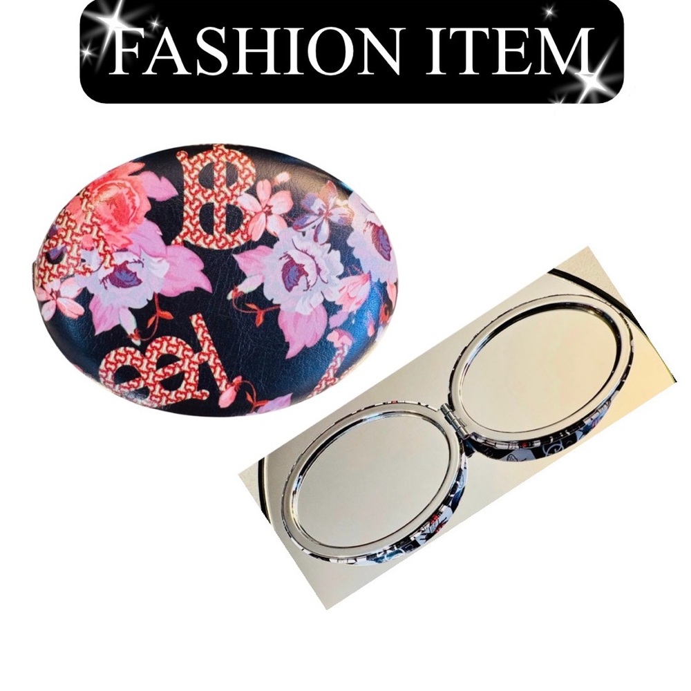 COMPACT MIRROR: Oval-Shaped Black, Pink, & Red w/Floral Design, NWOT